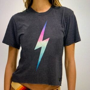 Aviator National women’s Bolt Boyfriend Tee rainbow pink on charcoal XS